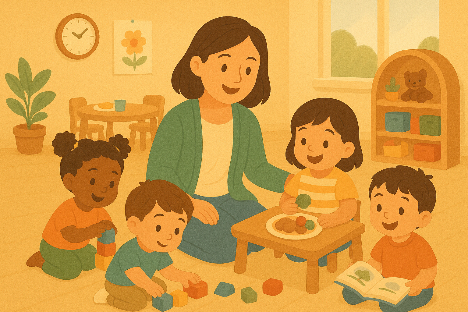 Happy children and educator in Afifa Daycare main room